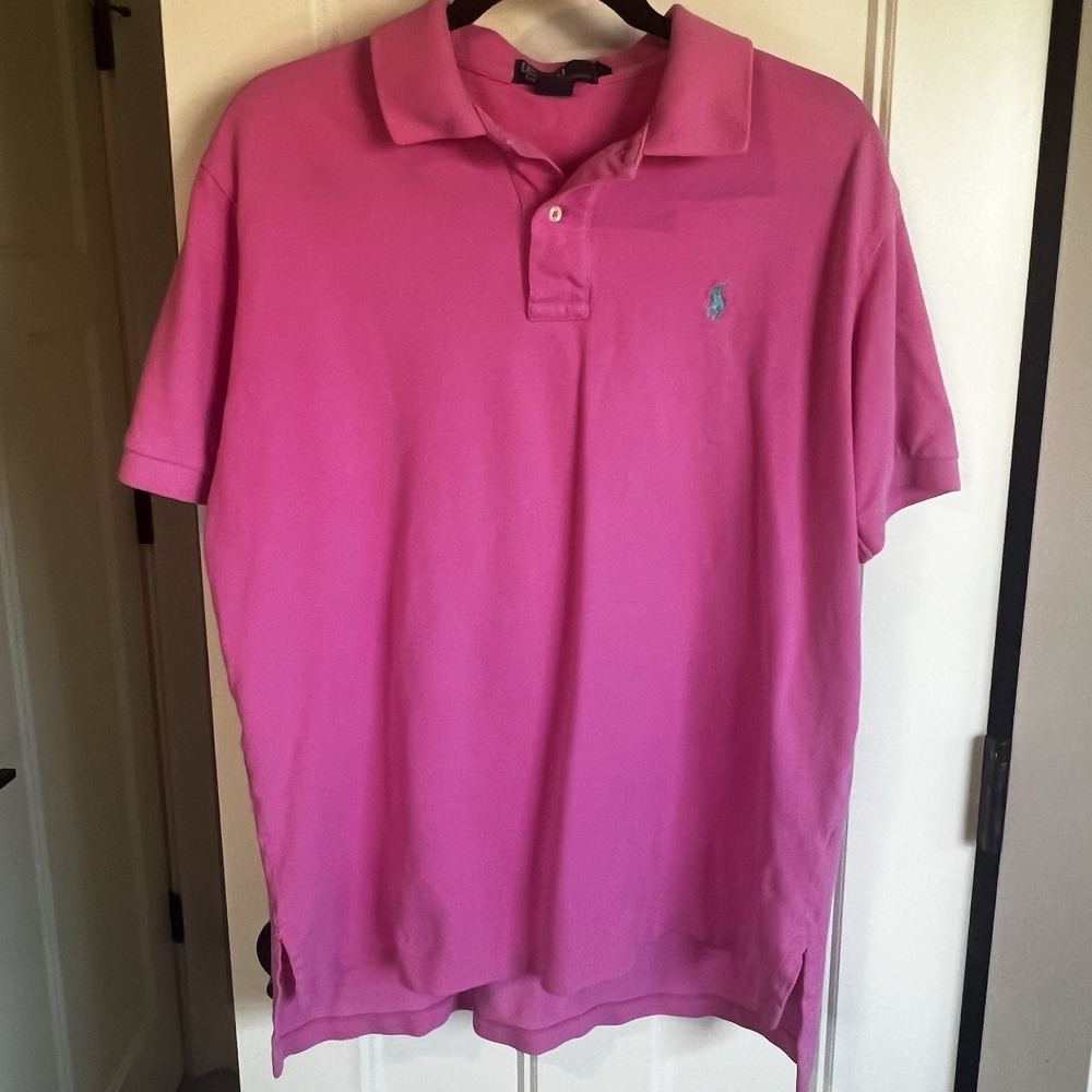 Polo Ralph Lauren‎ Mens Pink Polo Large Blue Horse 100% Cotton Preppy